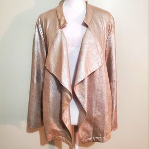 Halston faux suede camel silver foil shimmer open front topper jacket M NWOT
